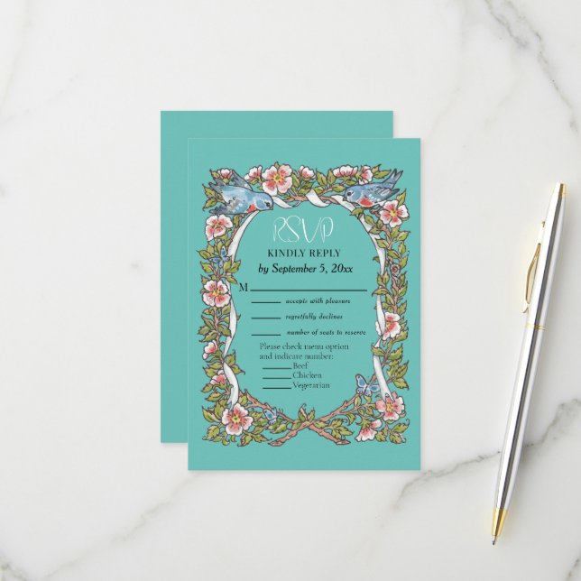 Teal Wildflower Bird Rose Border Floral Wedding RSVP Card (Front/Back In Situ)
