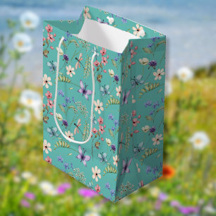 Teal Wildflower Pattern Medium Gift Bag