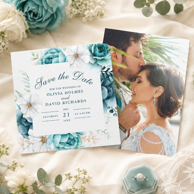 Teal Wildflower Photo Save the Date Card (Teal Wildflower Photo Save the Date Card)