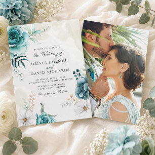 Teal Wildflower Photo Wedding Invitation