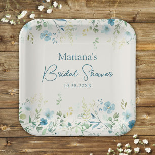 Teal Wildflowers on Beige Floral Bridal Shower Paper Plate