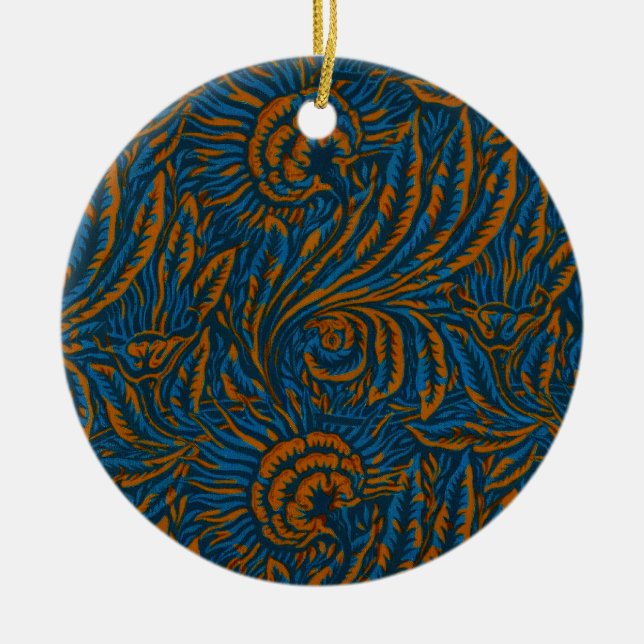 Teal William Morris Style Acanthus Leaf Botanical Ceramic Ornament (Front)
