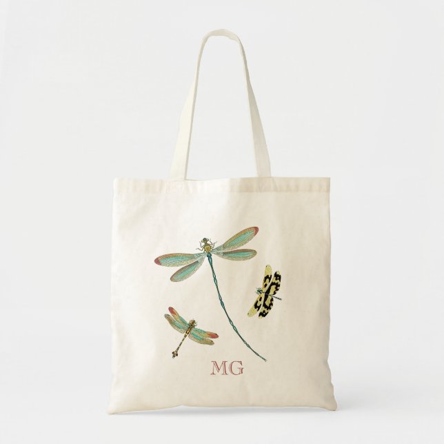 Teal-Winged Dragonflies Monogram Tote Bag (Front)