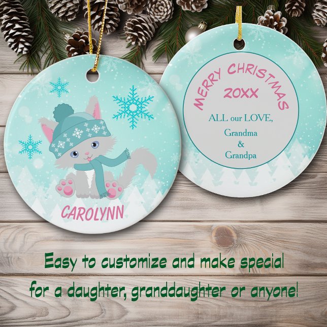 Teal Winter Snowflake Kitten Kid's Ceramic Ornament (Creator Uploaded)