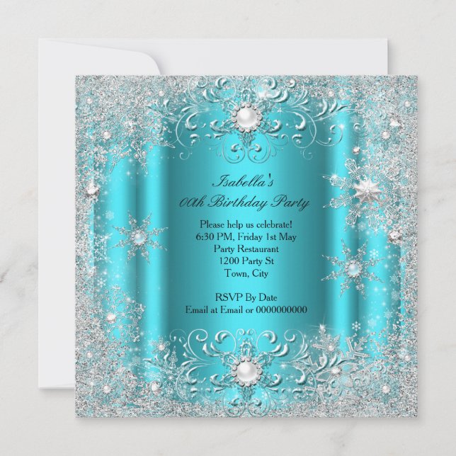 Teal Winter Wonderland Snowflakes Party Invitation (Front)