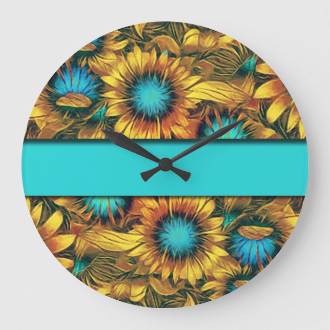 Teal With Colourful Sunflowers Large Clock (Front)