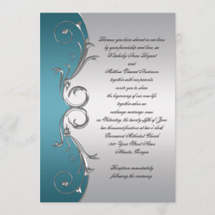 Teal with Ornate Silver Swirls Wedding Celebration Invitation