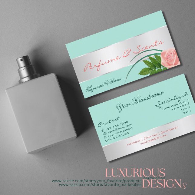 Teal with Silver Decor and Gorgeous Rose Flower Business Card (Creator Uploaded)