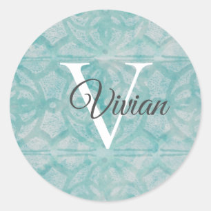  Teal With White Monogram Name Classic Round Sticker