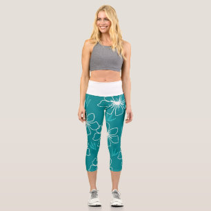Teal with White Transparent Flowers Capri Leggings