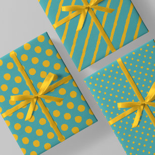 Teal With Yellow Messy Stripes & Messy Polka Dots Wrapping Paper Sheet