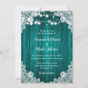 Teal Wood Floral Lace String Lights Rustic Wedding Invitation