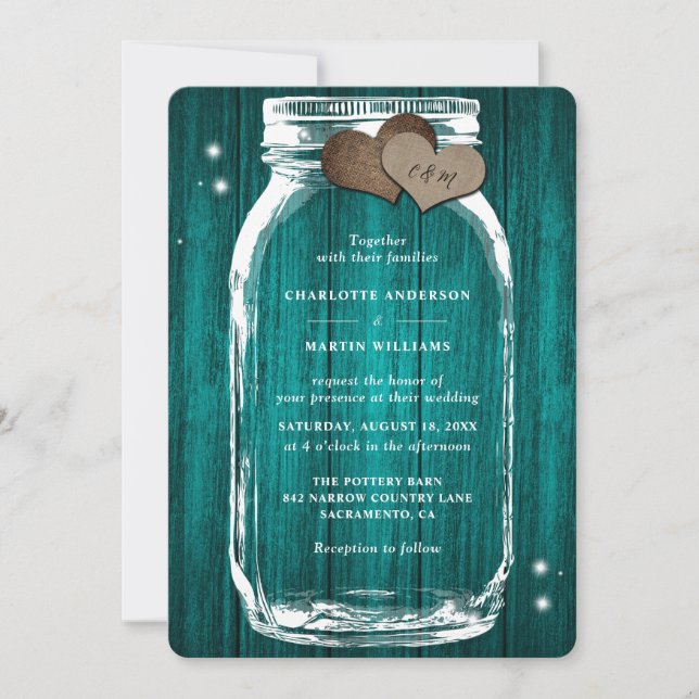 Teal Wood Mason Jar Rustic Fall Wedding Invitation (Front)