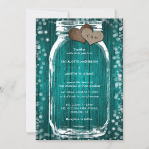 Teal Wood Mason Jar Rustic Fall Wedding Invitation