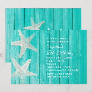 Teal Wood & Starfish Beach Elegant Invitation