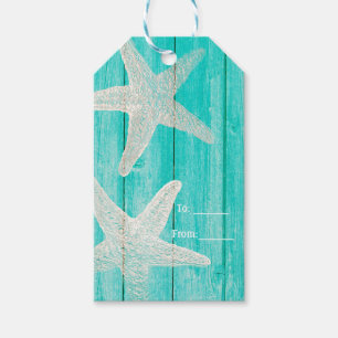 Teal Wood & Starfish Beach Elegant Party Favour Gift Tags
