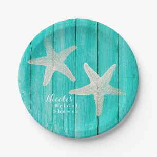 Teal Wood & Starfish Beach Elegant Tropical Chic Paper Plate