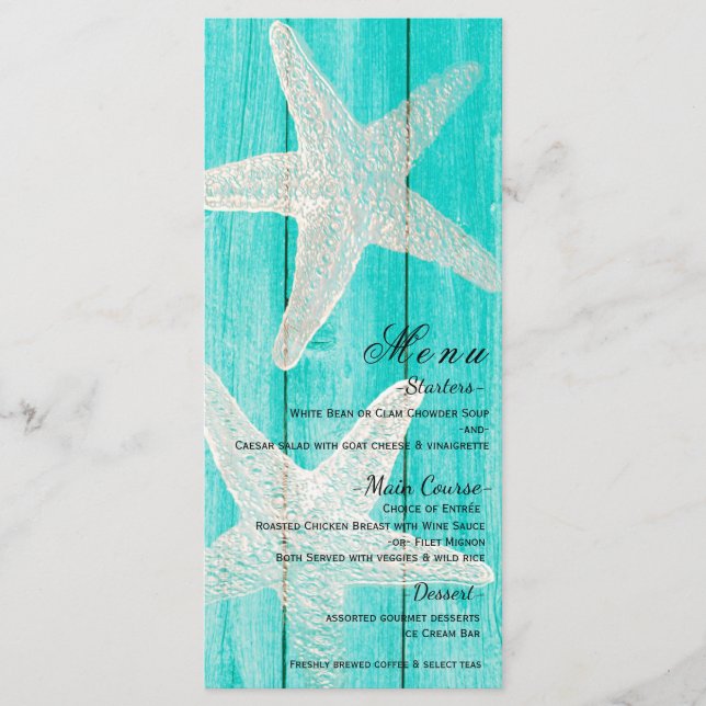 Teal Wood & Starfish Elegant Beach Menu Card (Front)