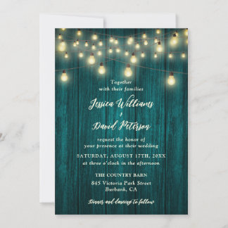 Teal Wood String Lights Country Barn Wedding Invitation