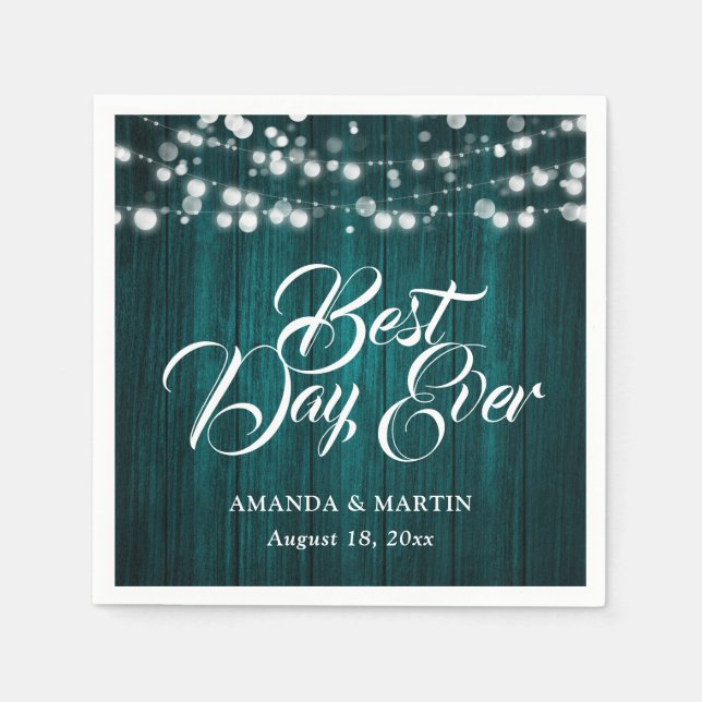 Teal Wood String Lights Rustic Wedding Napkin (Front)