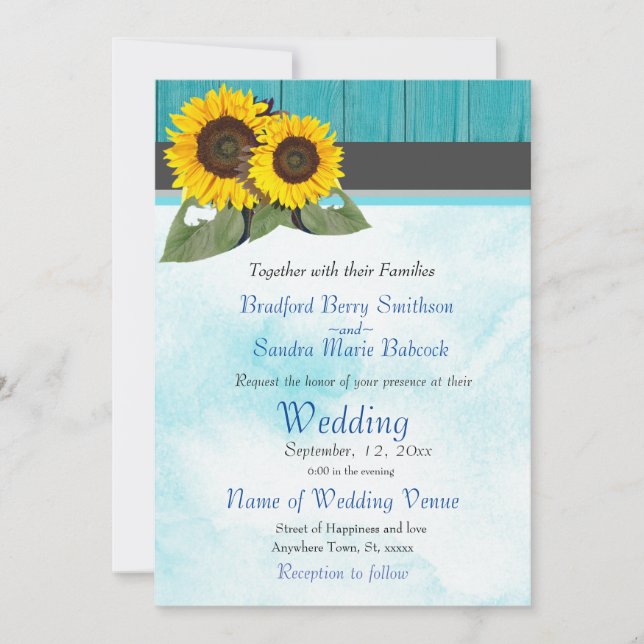 Teal Wood Watercolor Rustic Sunflower Wedding Invitation (Front)