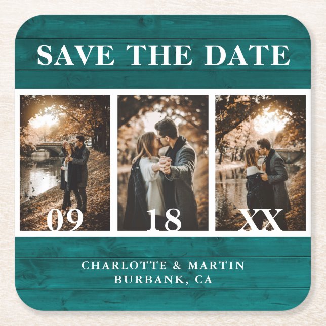 Teal Wood Wedding Photo Save The Date Square Paper Coaster (Front)