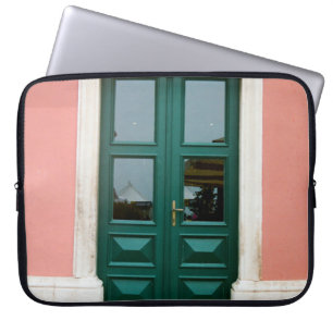TEAL WOODEN DOOR WITH WHITE STEEL WINDOW FRAME LAPTOP SLEEVE