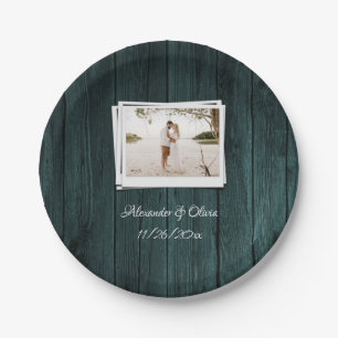 Teal Wooden Photo Bridal Shower Paper Plate