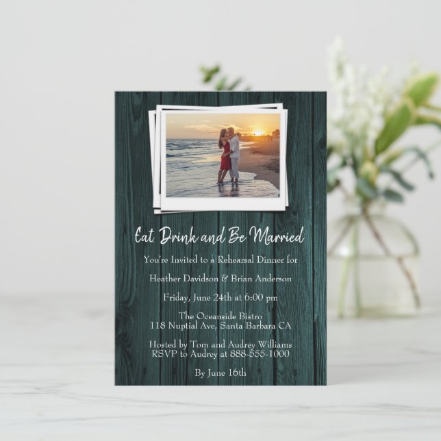 Teal Wooden Photo Rehearsal Dinner Invite (Standing Front)