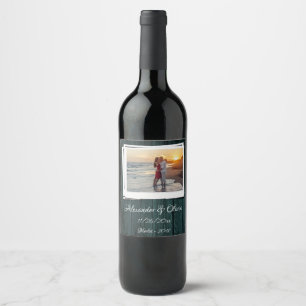 Teal Wooden Photo Wedding Wine Label