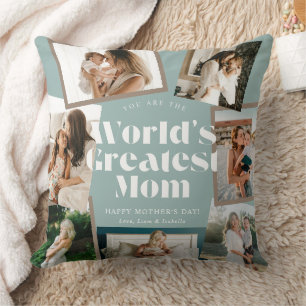 Teal World's Greatest Mom 7 Photo Collage Throw Pillow