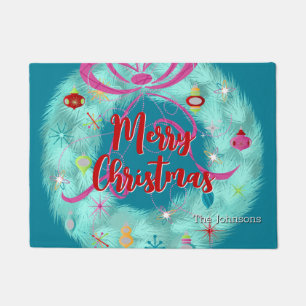 Teal Wreath Retro Christmas Doormat