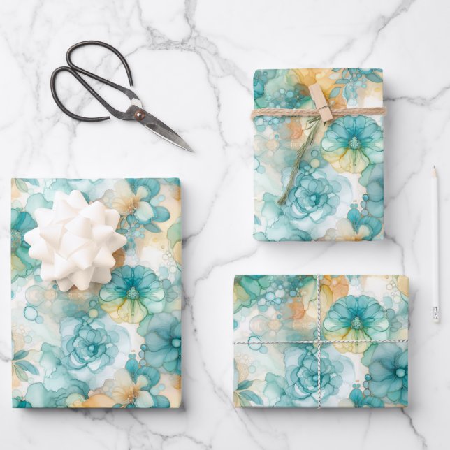 Teal Yellow Alcohol Ink Illustration Medium Print Wrapping Paper Sheet (Front)