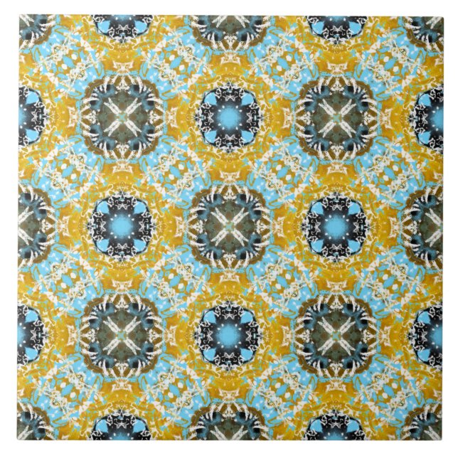 Teal, Yellow, and Grey Diamonds and Squares Patter Tile (Front)