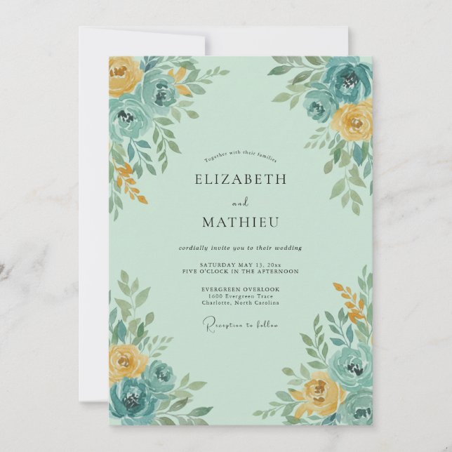 Teal Yellow Blossom Flourish Wedding Invitation (Front)