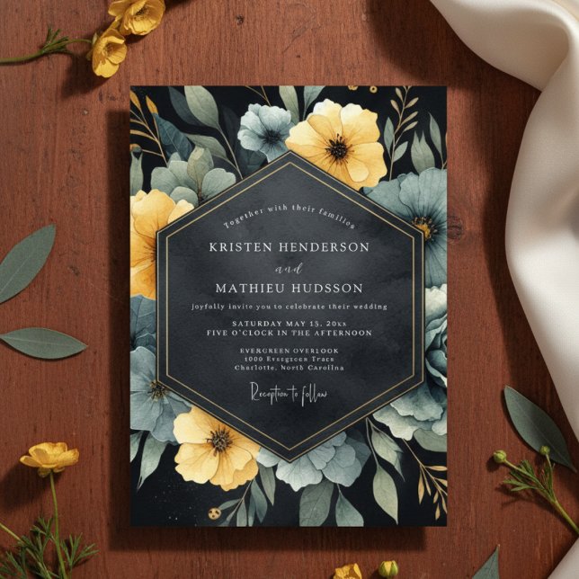 Teal Yellow Botanical Romance Wedding Invitation (Creator Uploaded)