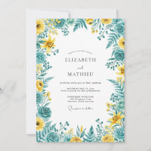 Teal Yellow Botanical Romance Wedding Invitation