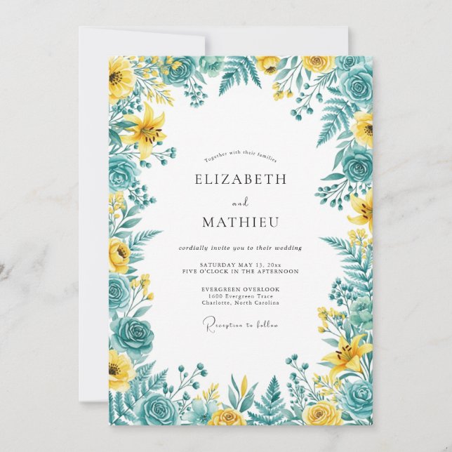 Teal Yellow Botanical Romance Wedding Invitation (Front)
