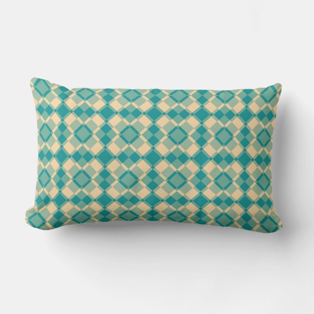 Teal Yellow Chequered Argyle Pattern Lumbar Pillow (Front)