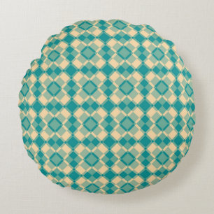 Teal Yellow Chequered Argyle Pattern Round Pillow