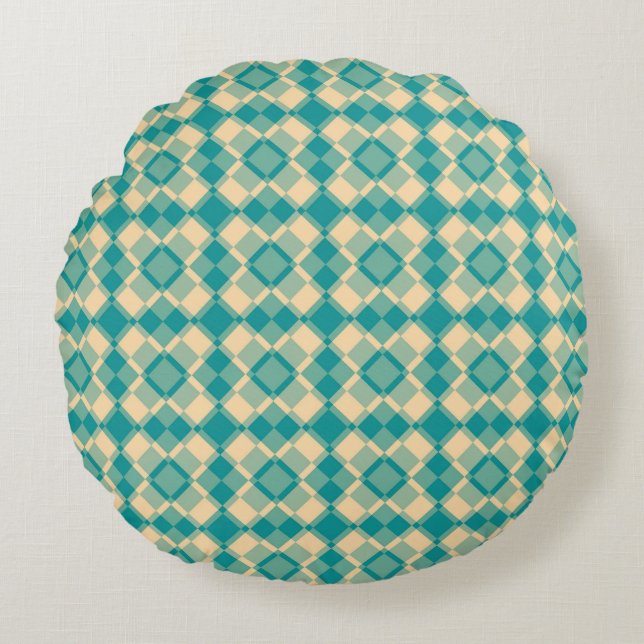 Teal Yellow Chequered Argyle Pattern Round Pillow (Front)