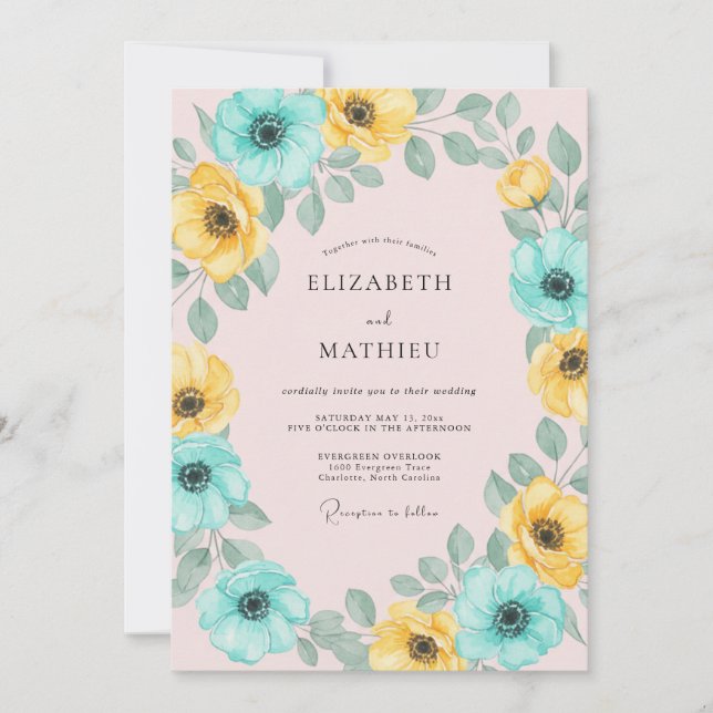 Teal Yellow Floral Arch Wedding Invitation (Front)
