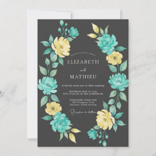 Teal Yellow Floral Botanical Wedding Invitation