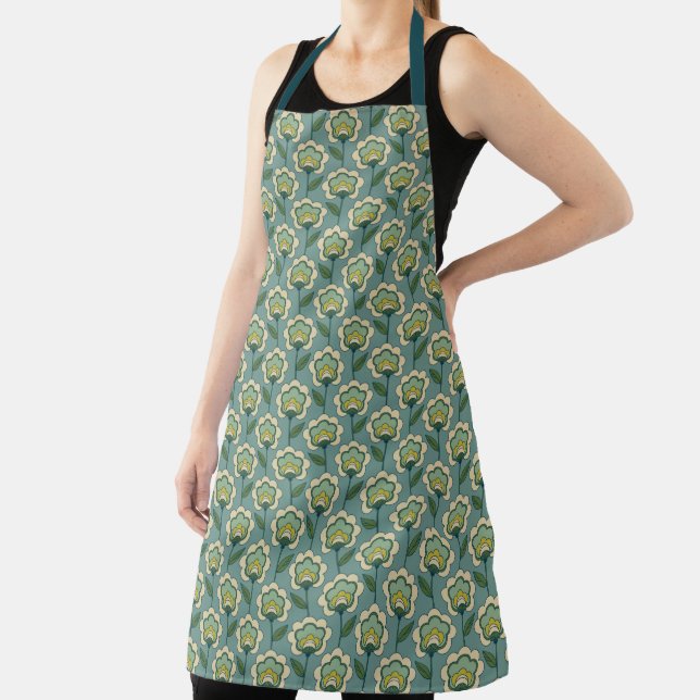 Teal & Yellow Floral Pattern Apron (Insitu)