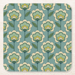 Teal & Yellow Floral Pattern Square Paper Coaster