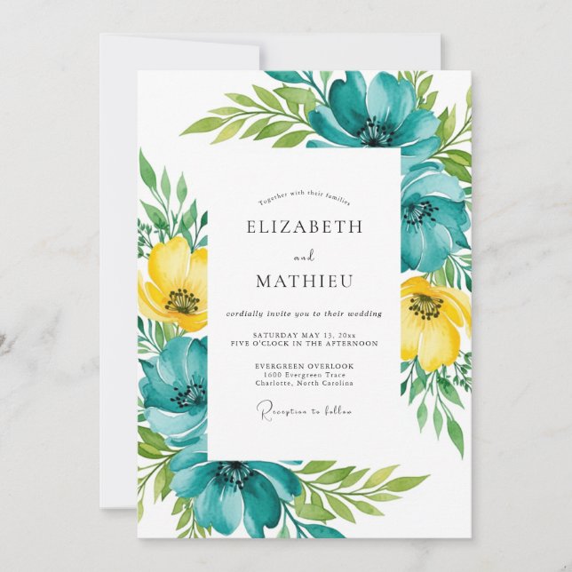 Teal Yellow Floral Spring Wedding Invitation (Front)