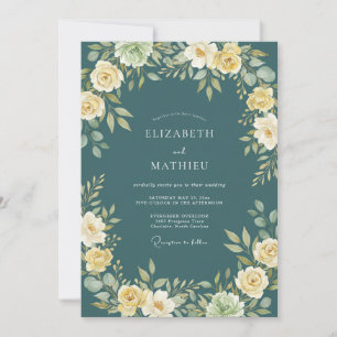 Teal Yellow Floral Verdant Flourish Wedding Invitation