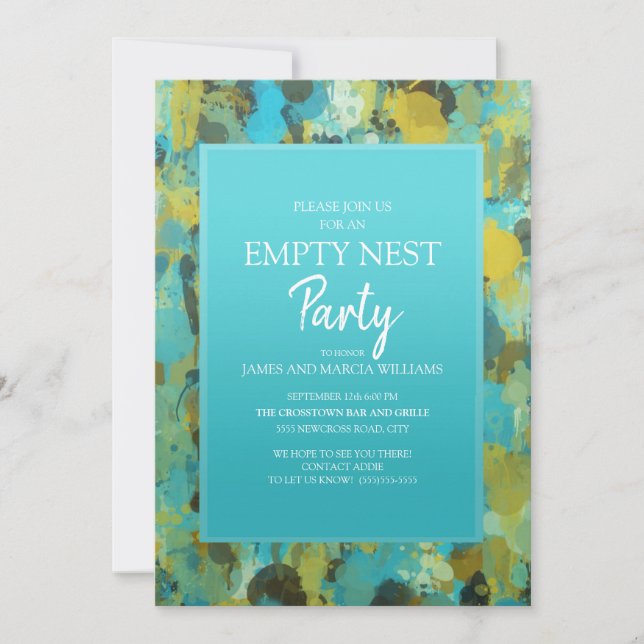 Teal Yellow Green Abstract Empty Nest Party Invitation (Front)