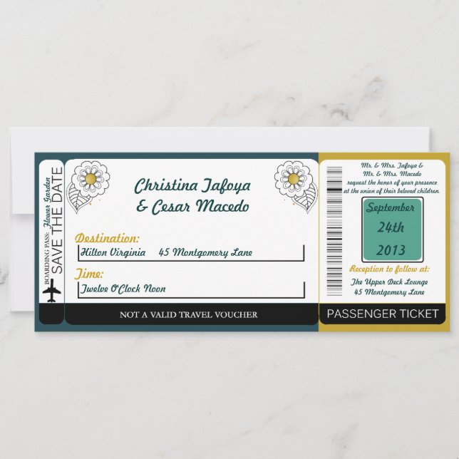 Teal/Yellow Musta Boarding Pass Wedding Invitation (Front)