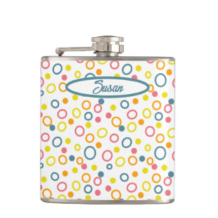 Teal Yellow Pink Orange Circles Dots Hip Flask